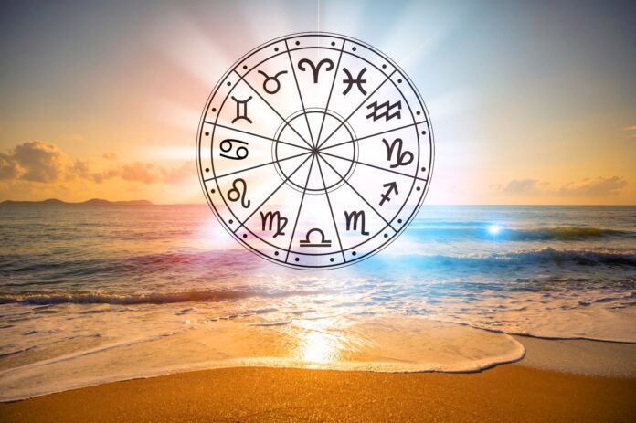 Zodiac signs inside of horoscope circle. Astrology in the sky with many stars and moons astrology and horoscopes concept
